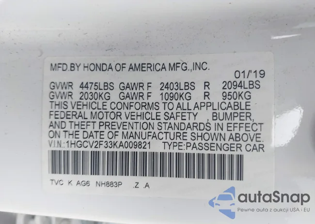 1HGCV2F33KA009821: 43278221