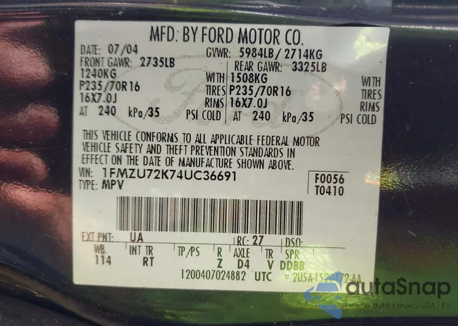 1FMZU72K74UC36691: 43278585