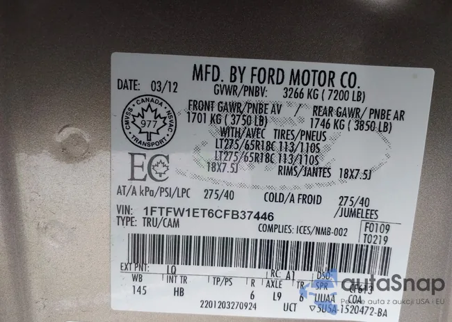 1FTFW1ET6CFB37446: 43278792