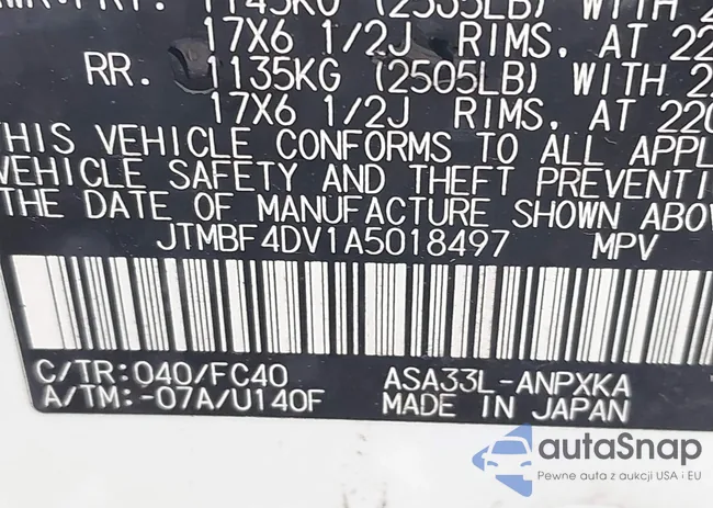 JTMBF4DV1A5018497: 43279900