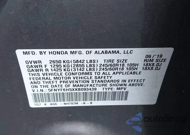 5FNYF6H5XKB093439: 43280002