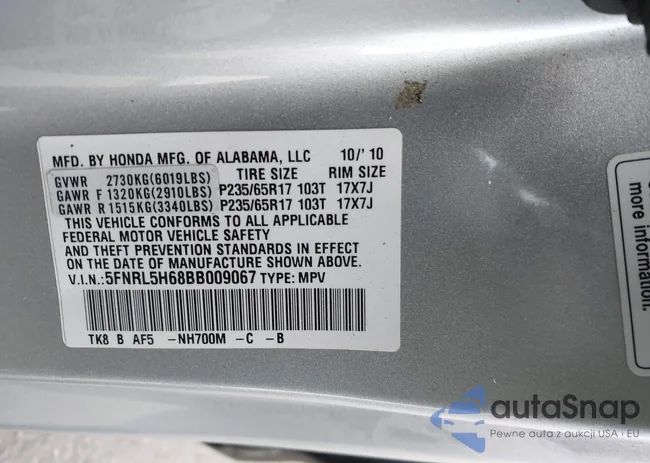 5FNRL5H68BB009067: 43279764