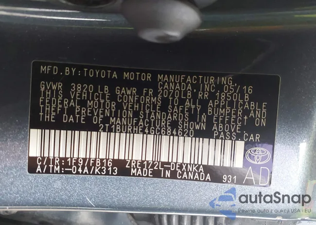 2T1BURHE4GC684620: 43280816