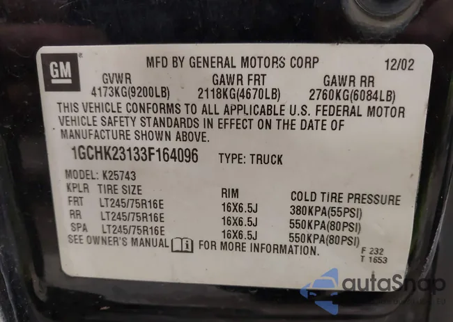 1GCHK23133F164096: 43281996