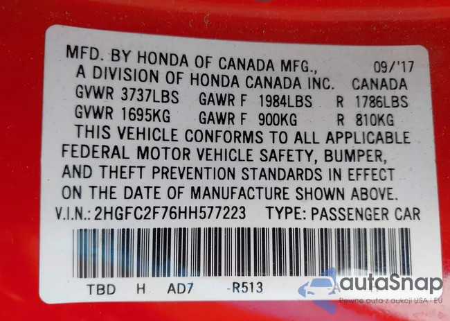 2HGFC2F76HH577223: 43283602