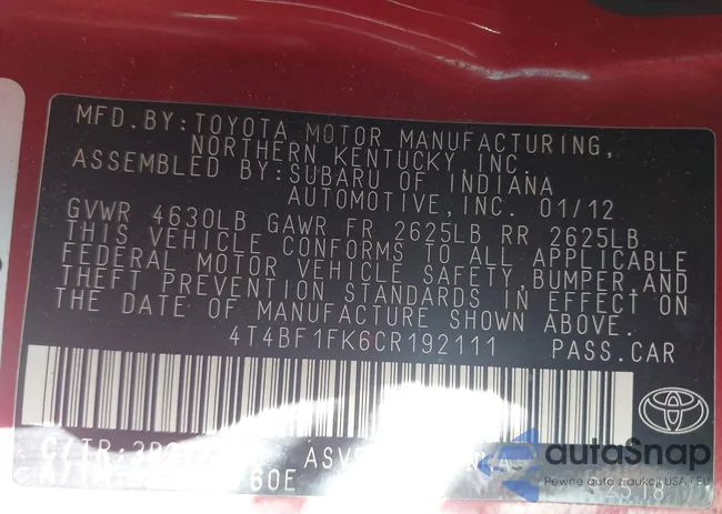 4T4BF1FK6CR192111: 43284793