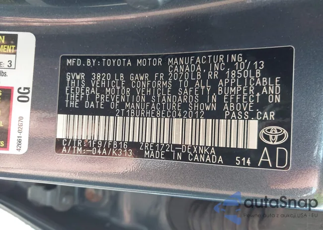 2T1BURHE8EC042012: 43284522