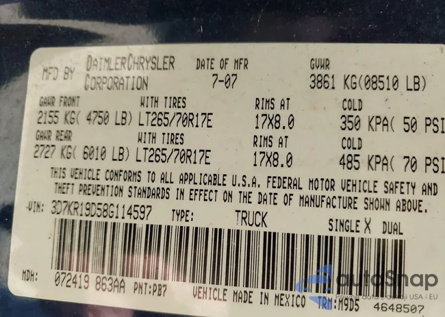 3D7KR19D58G114597: 43284594