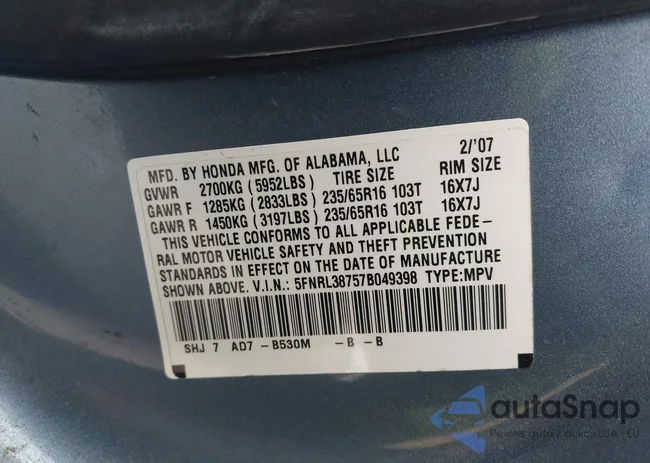 5FNRL38757B049398: 43286128