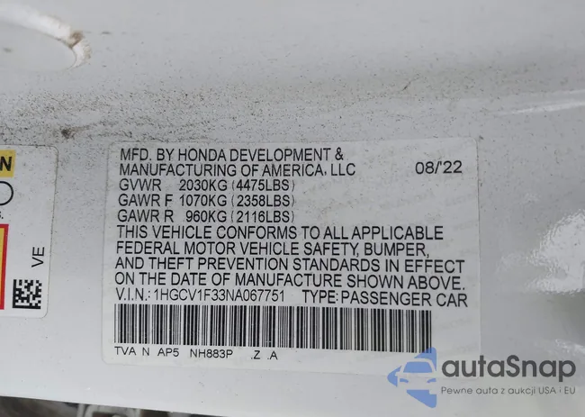 1HGCV1F33NA067751: 43285499