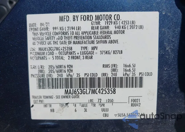 MAJ6S3GL7MC425358: 43285790