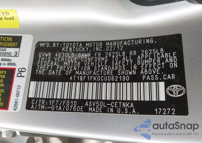 4T1BF1FK0CU062190: 43287114