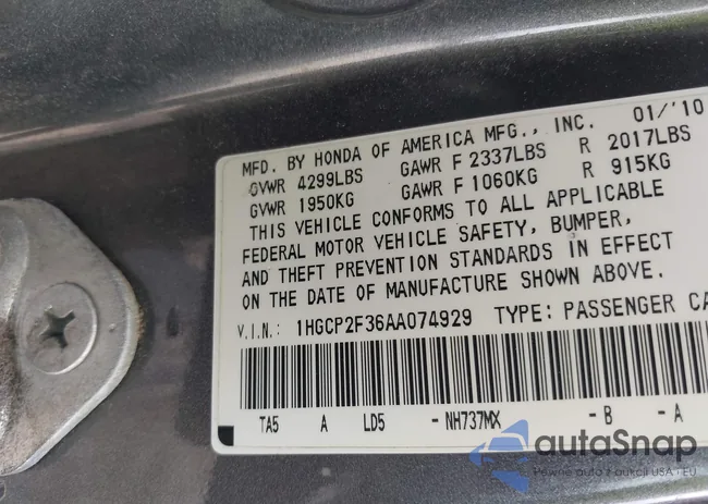 1HGCP2F36AA074929: 43286494