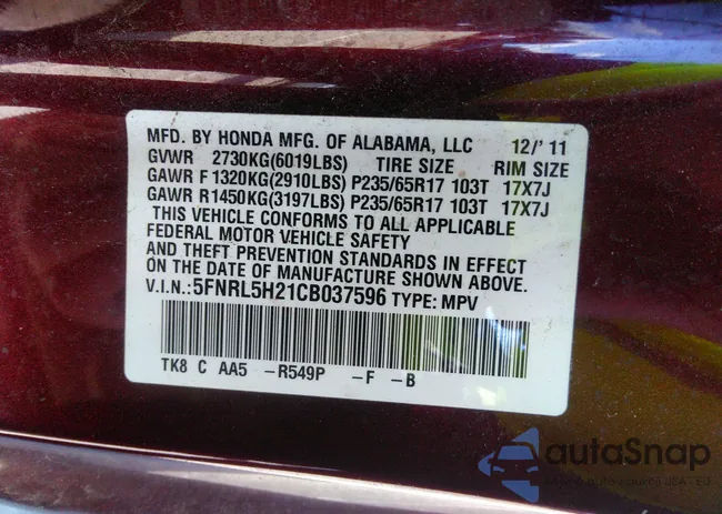 5FNRL5H21CB037596: 43287616