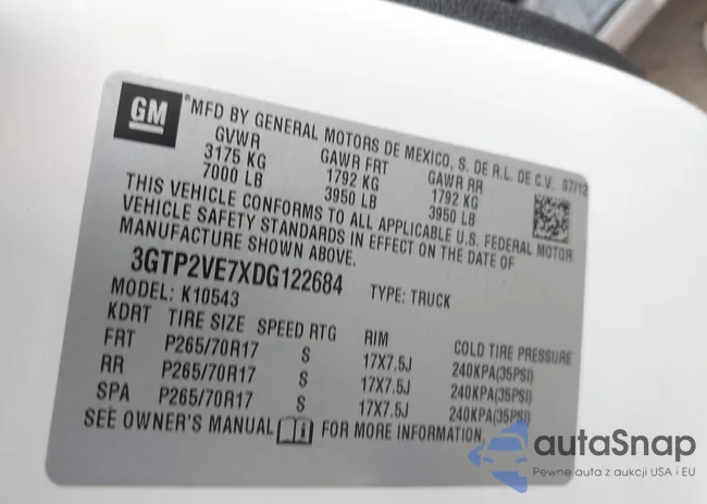 3GTP2VE7XDG122684: 43287623