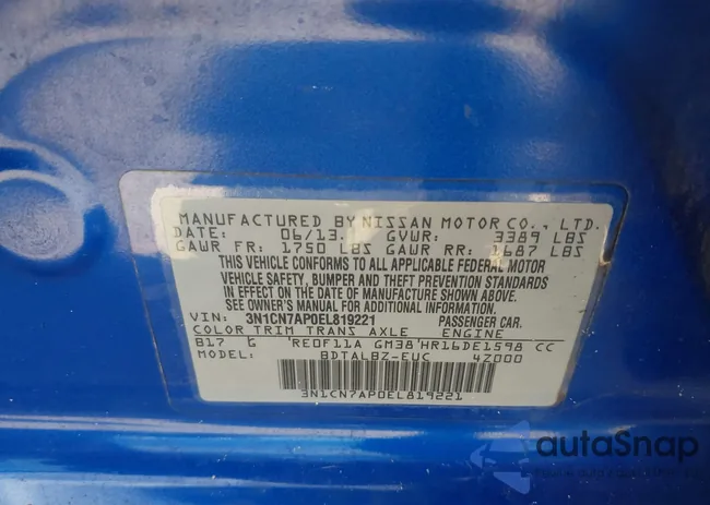 3N1CN7AP0EL819221: 43287710