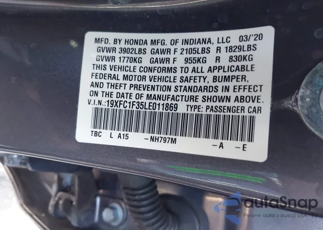 19XFC1F35LE011869: 43289087