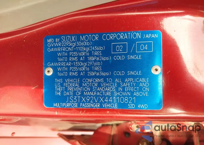 JS3TX92VX44110821: 43288672