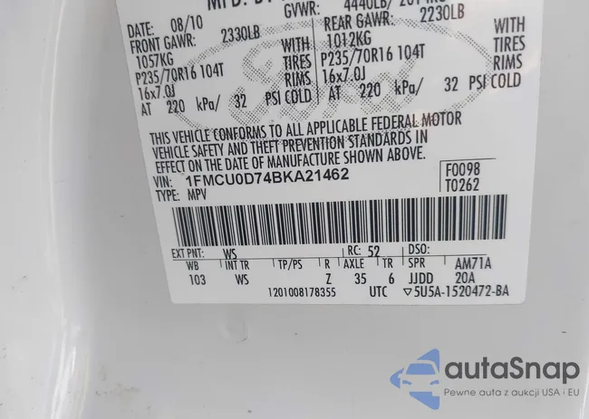 1FMCU0D74BKA21462: 43289903