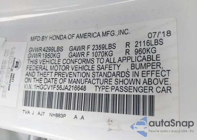 1HGCV1F56JA216648: 43289424