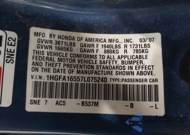 1HGFA16557L075240: 43289537