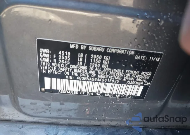 4S3BNAS64K3016835: 43289667