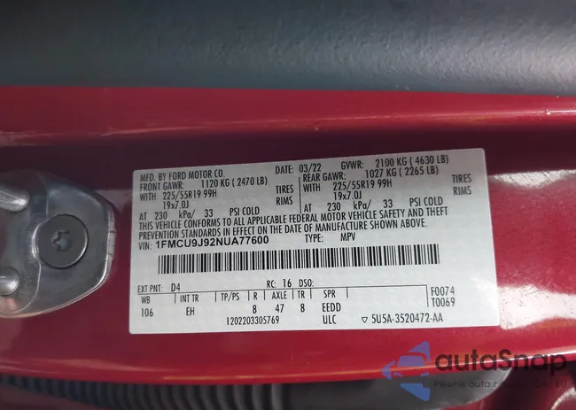 1FMCU9J92NUA77600: 43289733