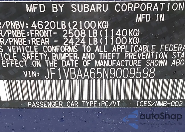 JF1VBAA65N9009598: 43291001