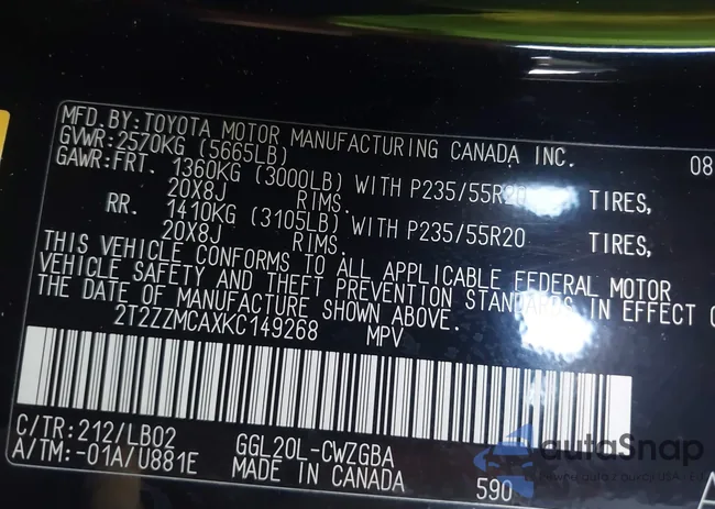 2T2ZZMCAXKC149268: 43291012