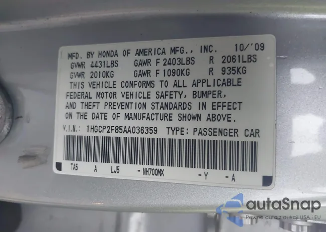 1HGCP2F85AA036359: 43291071