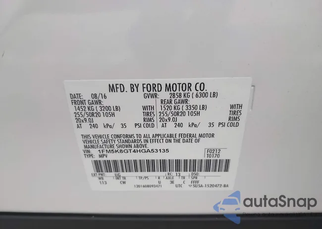 1FM5K8GT4HGA53135: 43290714