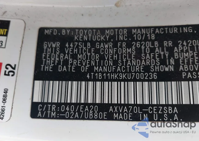 4T1B11HK9KU700236: 43291827