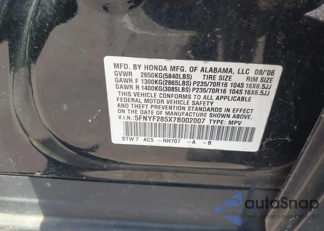 5FNYF285X7B002007: 43292012