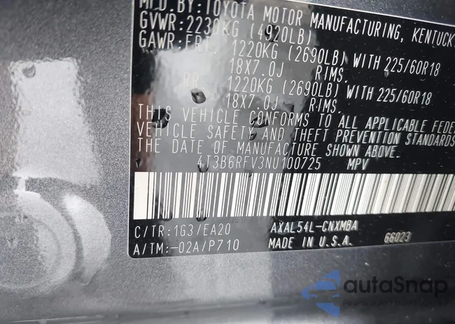 4T3B6RFV3NU100725: 43292226