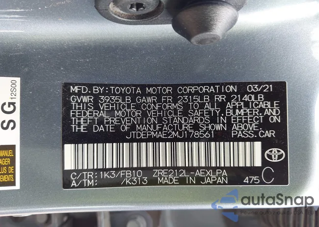 JTDEPMAE2MJ178561: 43292322