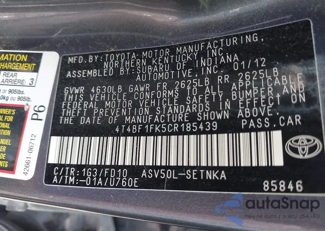 4T4BF1FK5CR185439: 43291596