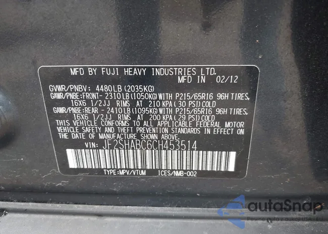 JF2SHABC6CH453514: 43291634