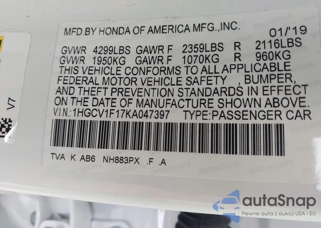 1HGCV1F17KA047397: 43293818