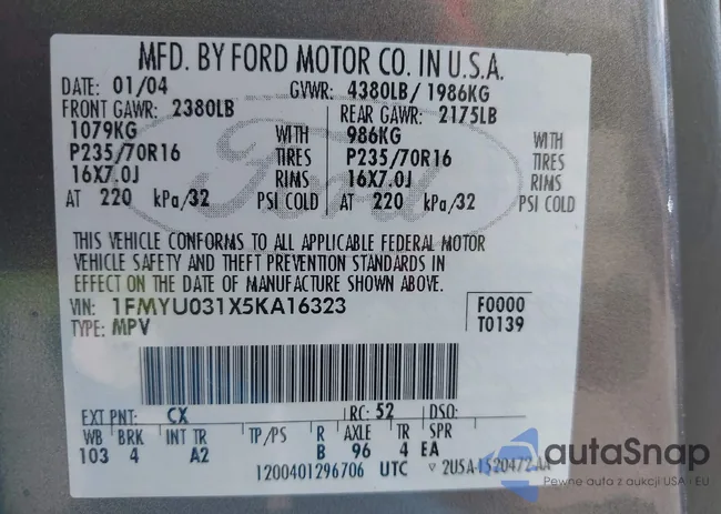 1FMYU031X5KA16323: 43294021