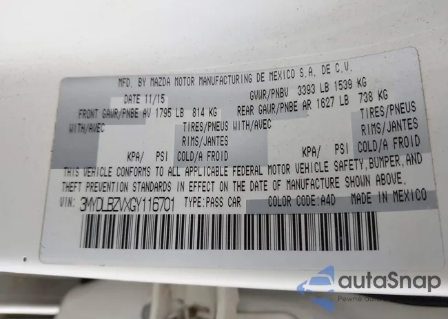 3MYDLBZVXGY116701: 43294187