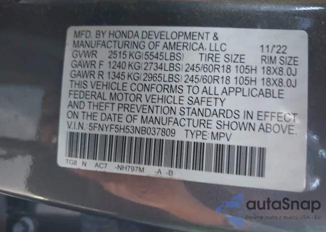 5FNYF5H53NB037809: 43293397