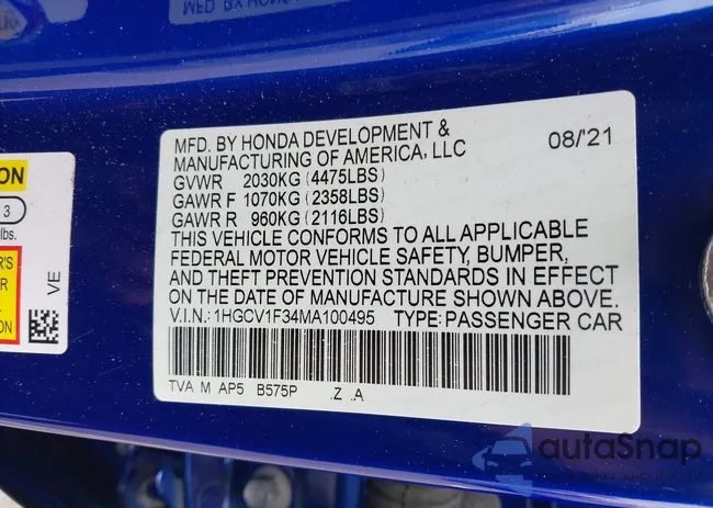 1HGCV1F34MA100495: 43293683