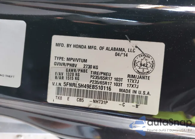 5FNRL5H49EB510116: 43295436