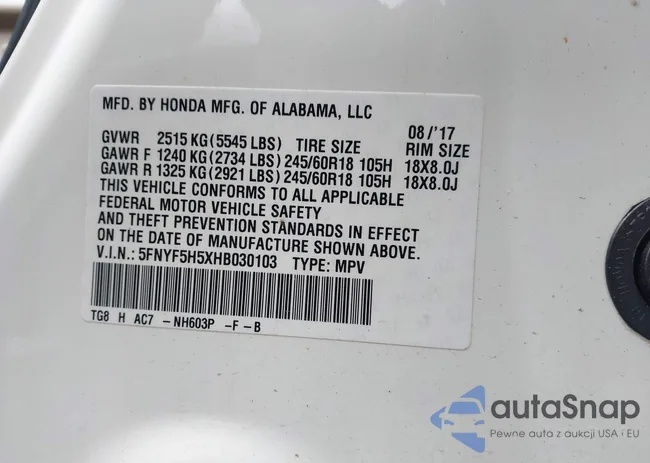 5FNYF5H5XHB030103: 43297125