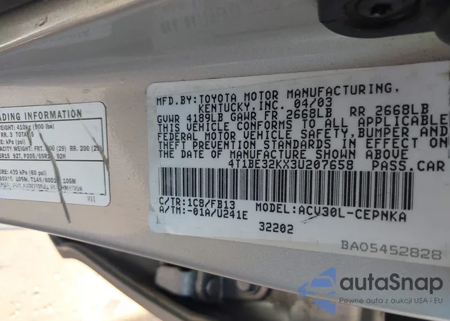 4T1BE32KX3U207658: 43296381