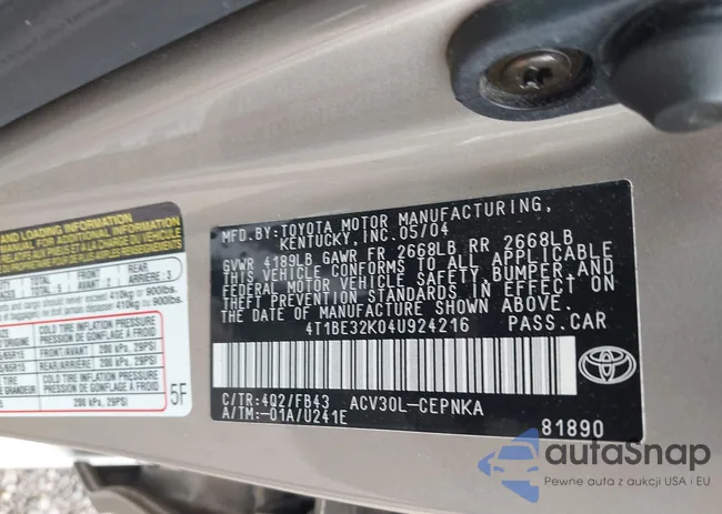 4T1BE32K04U924216: 43297942