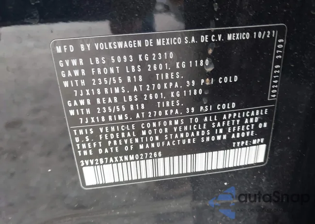 3VV2B7AXXNM027266: 43298029