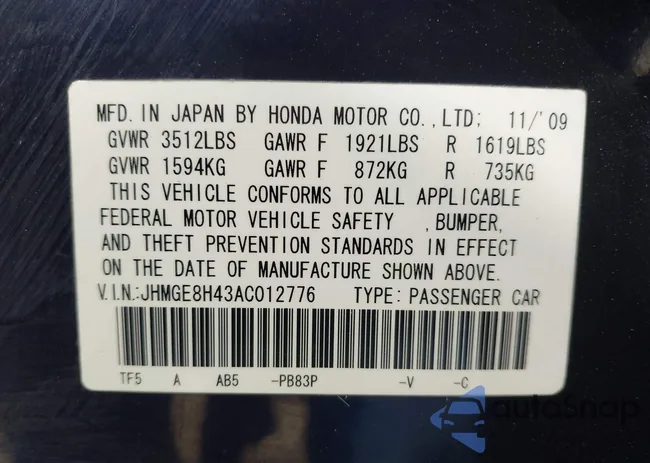 JHMGE8H43AC012776: 43297571