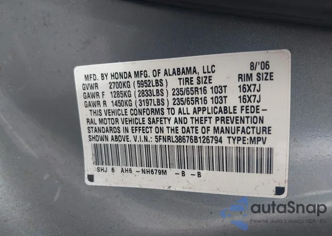 5FNRL38676B126794: 43298445
