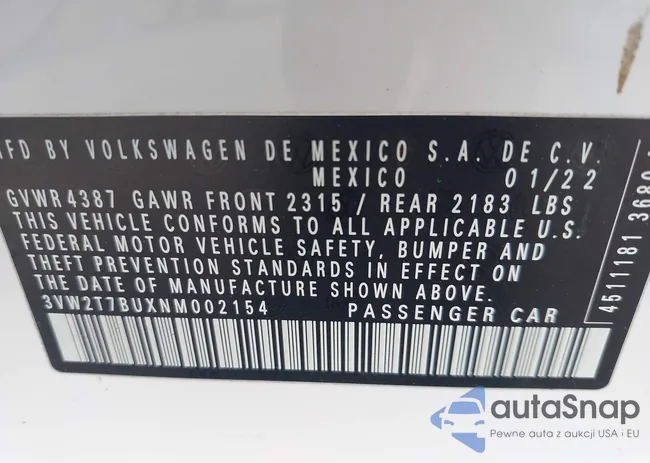 3VW2T7BUXNM002154: 43300065